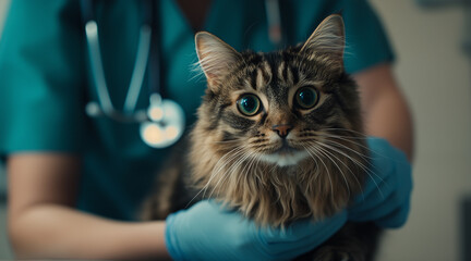 Calm and focused cat being examined by a veterinarian in a clinic. The image highlights the care and attention given to pets during a veterinary check-up