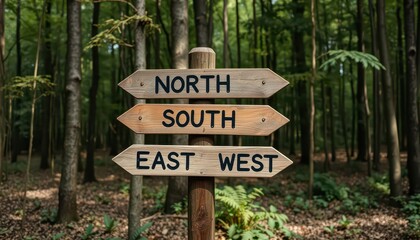 Wooden signpost in the forest showing the directions north, south, east and west.