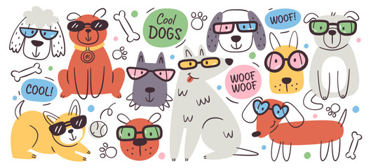 Hand drawn happy cool dogs funny pet animals characters wearing summer sunglasses design set