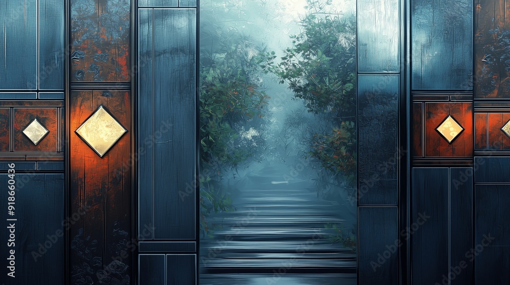 Poster A mysterious path opens up through a fog-filled forest, framed by a wooden door with glowing diamond-shaped accents.