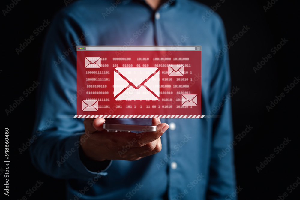 Poster Alert Email inbox and spam virus with warning caution for notification on internet letter security protect, junk and trash mail and compromised information.