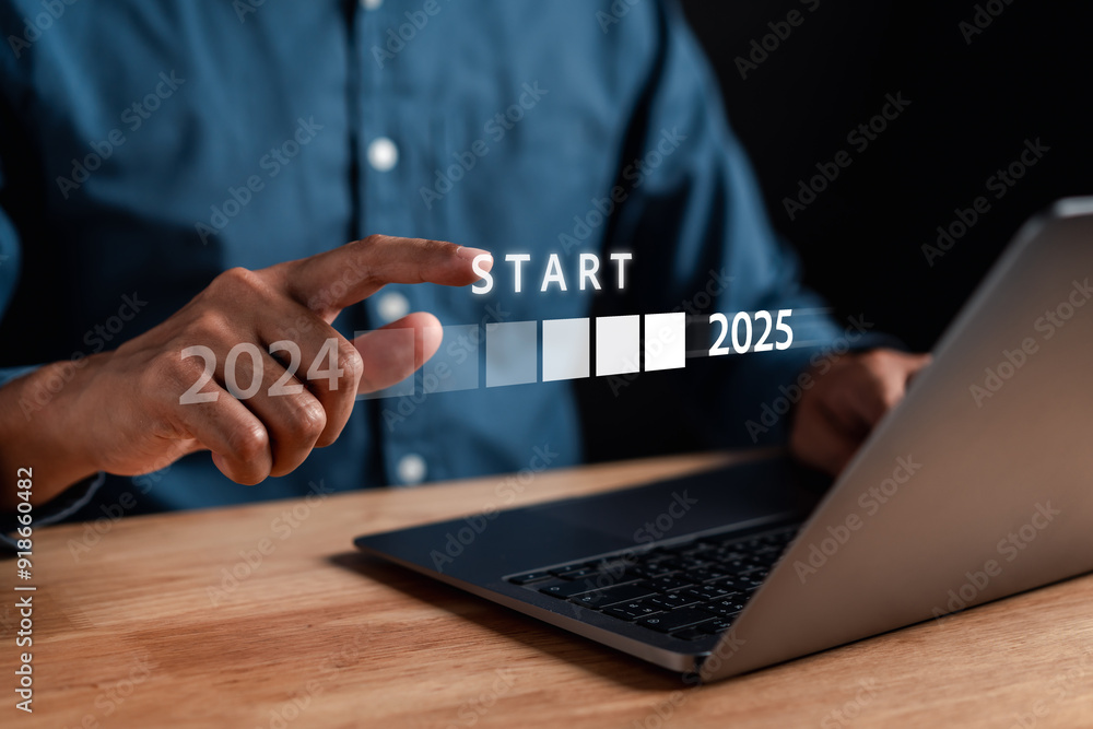 Aufkleber starting new year with ambition 2025 and countdown merry christmas and happy new year, planning and 