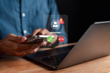 Unknown number calling concept. Scam phone call from stranger. Man answering to incoming call. Call...