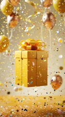 yellow gift party box with gold ribbon bow on background with balloons, confetti.Space for text,party concept or birthday celebration.