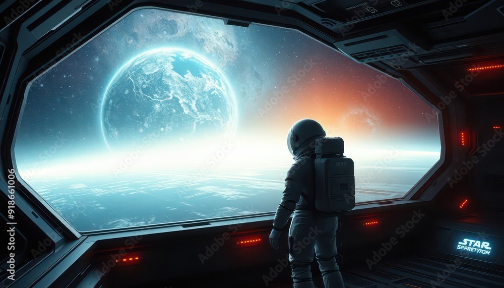 Aufkleber astronaut looking out the window of a spaceship at an alien planet.