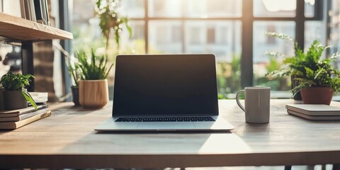 Modern Office Desk with Laptop and Coffee Mug
