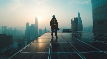 Renewable Energy Engineer Installing Solar Panels on Skyscraper Roof in City Skyline