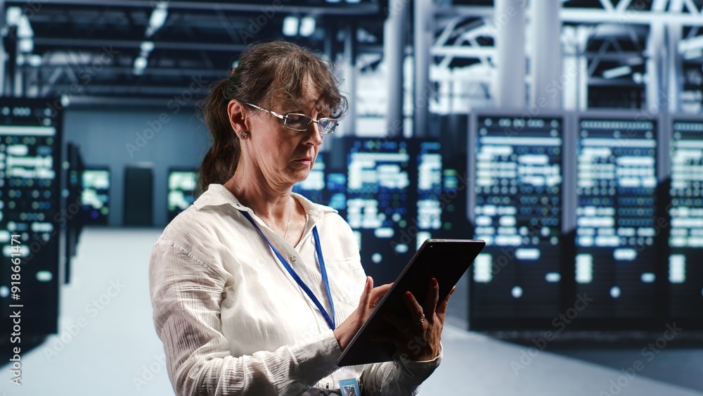 Poster old engineer working in data center housing gpu dedicated servers that can process artificial intell