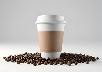 Paper Coffee Cup To Go Surrounded By Coffee Beans with a White Background