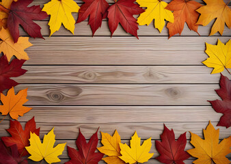 Rustic Wooden Surface with Colorful Fall Leaves