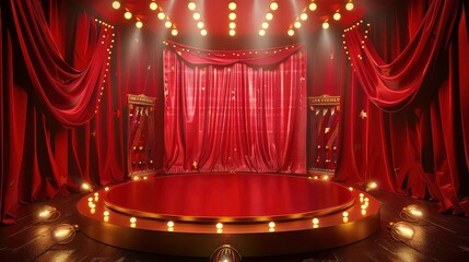 A red stage curtain with gold lights and a round platform in the middle.