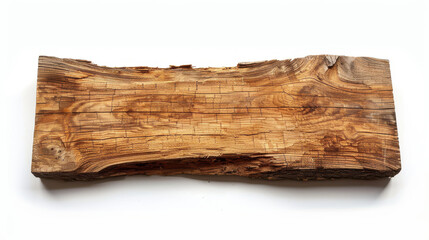 Fototapeta premium Uneven wooden plank with visible saw marks cut out on a white background.