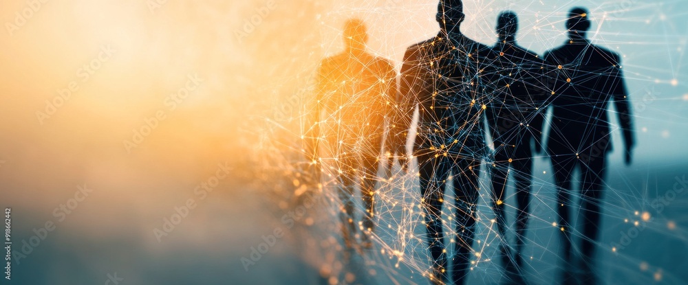 Poster abstract network system in a futuristic business setting with employees natural lighting copy space