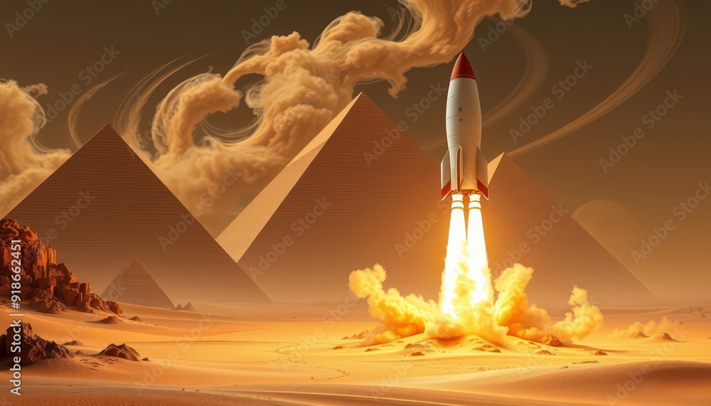 Aufkleber rocket launch over ancient pyramids in desert.