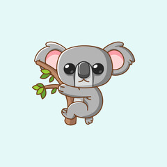 Cute koala hug eukaliptus hanging kawaii chibi character mascot illustration outline style © Sabar