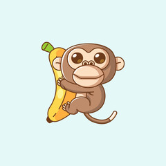 Cute monkey hug banana hanging kawaii chibi character mascot illustration outline style