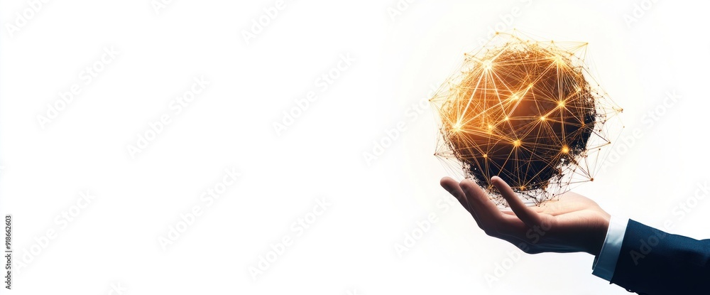 Poster high-tech business background with abstract network system and employees natural lighting copy space