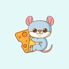 Cute mouse hug cheese  hanging kawaii chibi character mascot illustration outline style