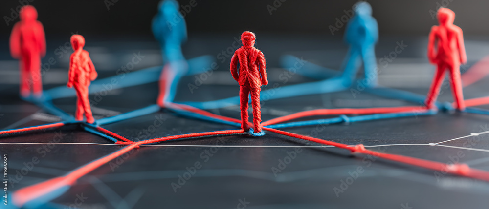 Poster colored figures are interconnected by threads on a dark surface, illustrating the concept of social 