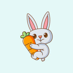 Cute rabbit hug carrot  hanging kawaii chibi character mascot illustration outline style
