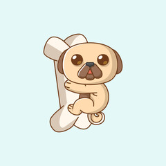 Cute pug dog hug bone hanging kawaii chibi character mascot illustration outline style