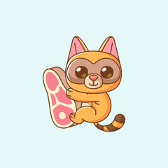Cute raccoon hug meat hanging kawaii chibi character mascot illustration outline style