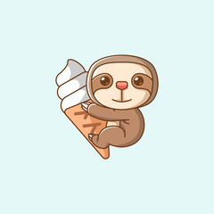 Cute sloth hug ice cream hanging kawaii chibi character mascot illustration outline style