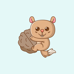 Cute squirrel hug nut hanging kawaii chibi character mascot illustration outline style