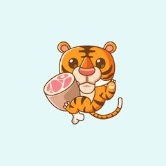 Cute tiger hug meat hanging kawaii chibi character mascot illustration outline style