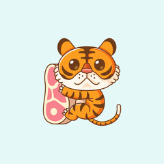 Cute tiger hug meat hanging kawaii chibi character mascot illustration outline style