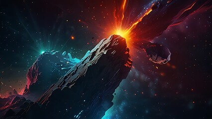 An artist's depiction of the cosmos, featuring a blue Earth in the foreground and a fiery sun in the backdrop