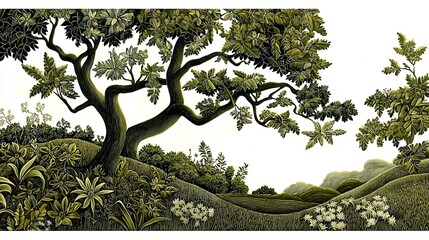 Fototapeta premium Vintage Forest Landscape with Majestic Trees and Rolling Hills