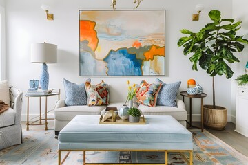 Modern and elegant salon, light walls, bright paintings, eclecticism Delicate, abstract, sparkle and shimmer, many colored drops, pink, yellow, white