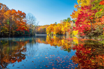 A tranquil lake reflecting the vibrant hues of autumn foliage, with a small wooden bridge visible in the distance. Generative Ai