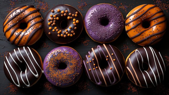 donuts with orange and purple chocolate glaze, top view, Halloween theme, on a black background