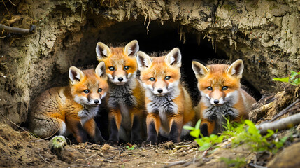 Curious fox cubs Vulpes vulpes sitting together and peeking out from the entrance of their den in the forest  Group of young furry animal babies looking around their natural habitat