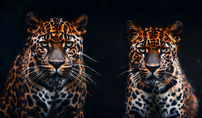 Fototapeta premium Captivating front view portrait of a powerful panther predator against a dark black background creating a striking and dramatic wildlife banner design with ample copy space for text overlay