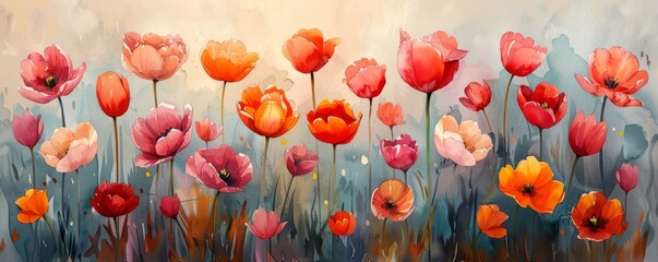 Obraz premium Abstract garden with colorful tulips in watercolor.
