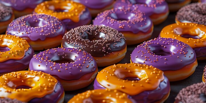 donuts with orange and purple chocolate glaze, top view, Halloween theme, on a black background