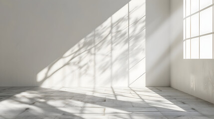 Fototapeta premium Bright minimalist interior with clean white walls and long window shadows on the floor