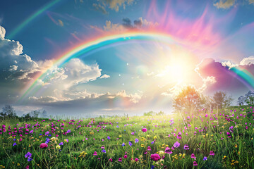 Naklejka premium A vibrant rainbow arches over a field of wildflowers, with the sun shining brightly in the sky. Generative Ai