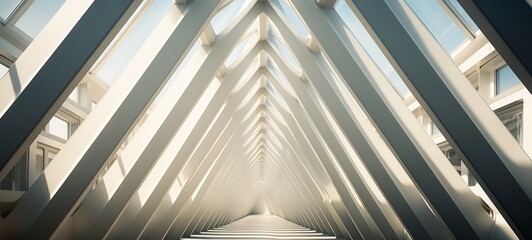 Obraz premium Abstract architecture with white beams and skylights. The structure has a tunnel-like effect with shadows cast by the beams. Used for architectural and design themes. Photograph, horizontal format. 