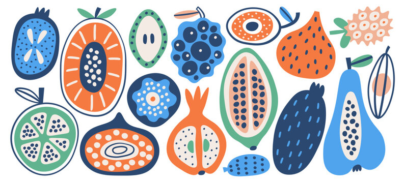 Hand drawn healthy exotic fruits fresh organic vitamin vegetarian food isolated set on white