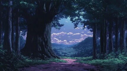 Forest Path Under a Starry Sky with Majestic Trees