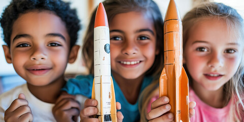 Exploring New Horizons: Children hold up model rockets, eager for the upcoming launch demonstration