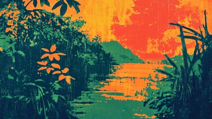 Vibrant Abstract Forest Scene with Bold Colors and Silhouettes