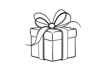 Elegant Gift Box with Ribbon Line Drawing on White Background - Line Art Vector Illustration