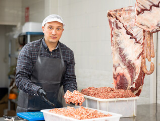 Confident male butcher showing how minced meat is prepared in butchery