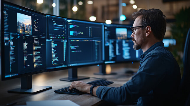Focused Male Programmer Working on Multiple Monitors in Modern Office Setting