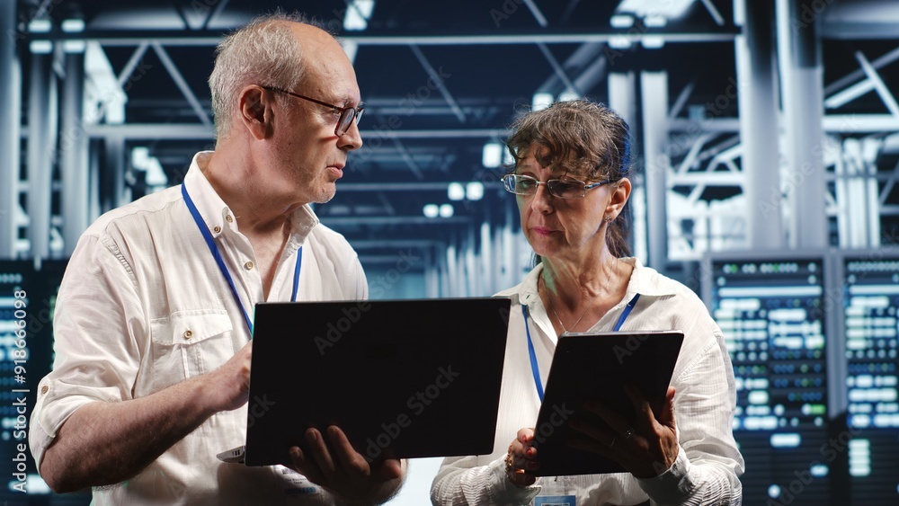 Poster professionals monitoring energy efficient data center equipment. server components using renewable s
